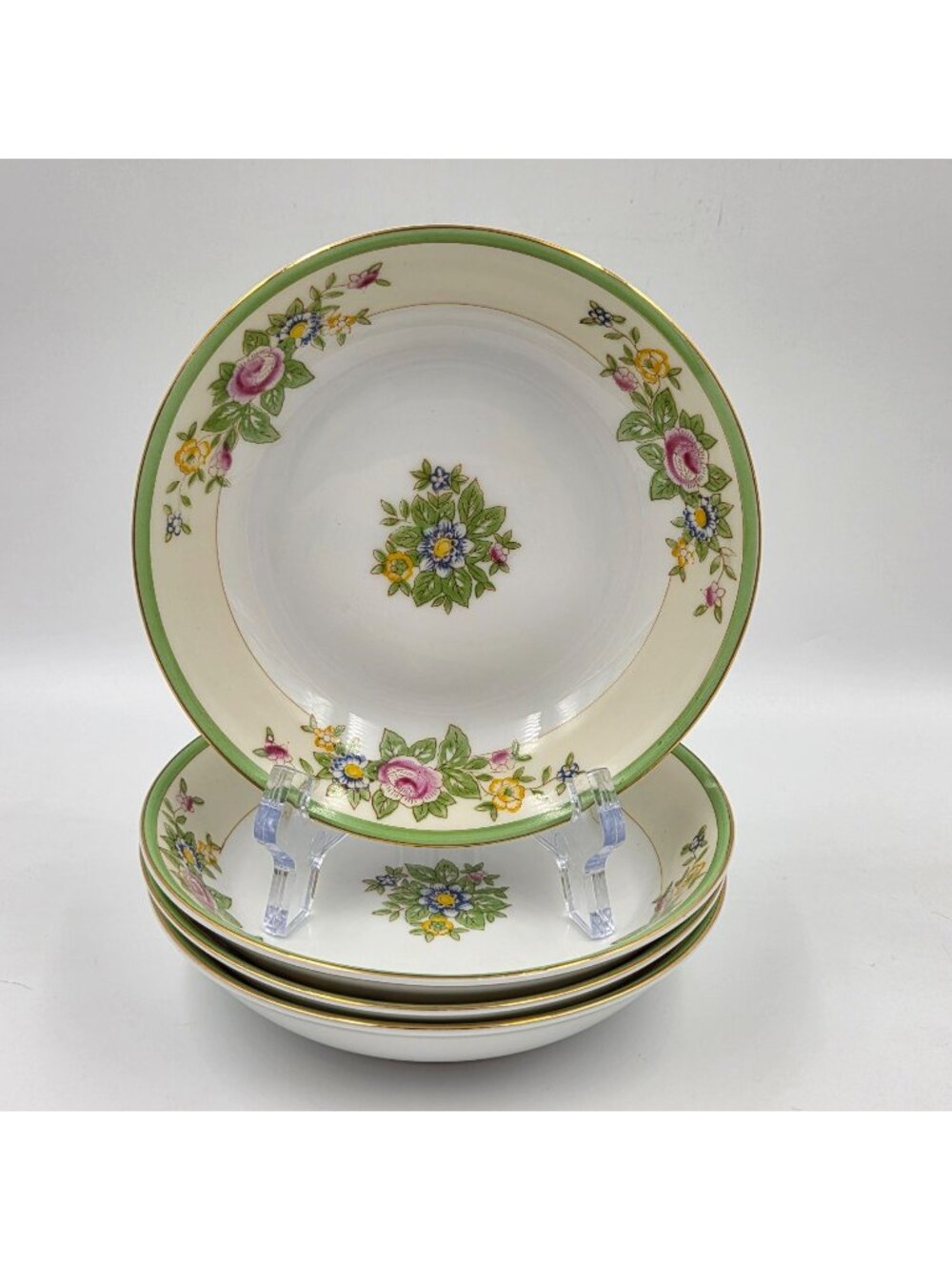 Celebrate Set of 4 Fruit or Dessert (Sauce) Bowl Green & Cream Band Floral Spray